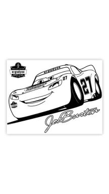 Jeb Burton X Ergodyne children's coloring book page in Cars Movie style